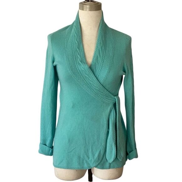 Lilly Pulitzer 100% Cashmere Wrap Sweater Top Women’s Medium Turquoise Blue - Picture 1 of 9